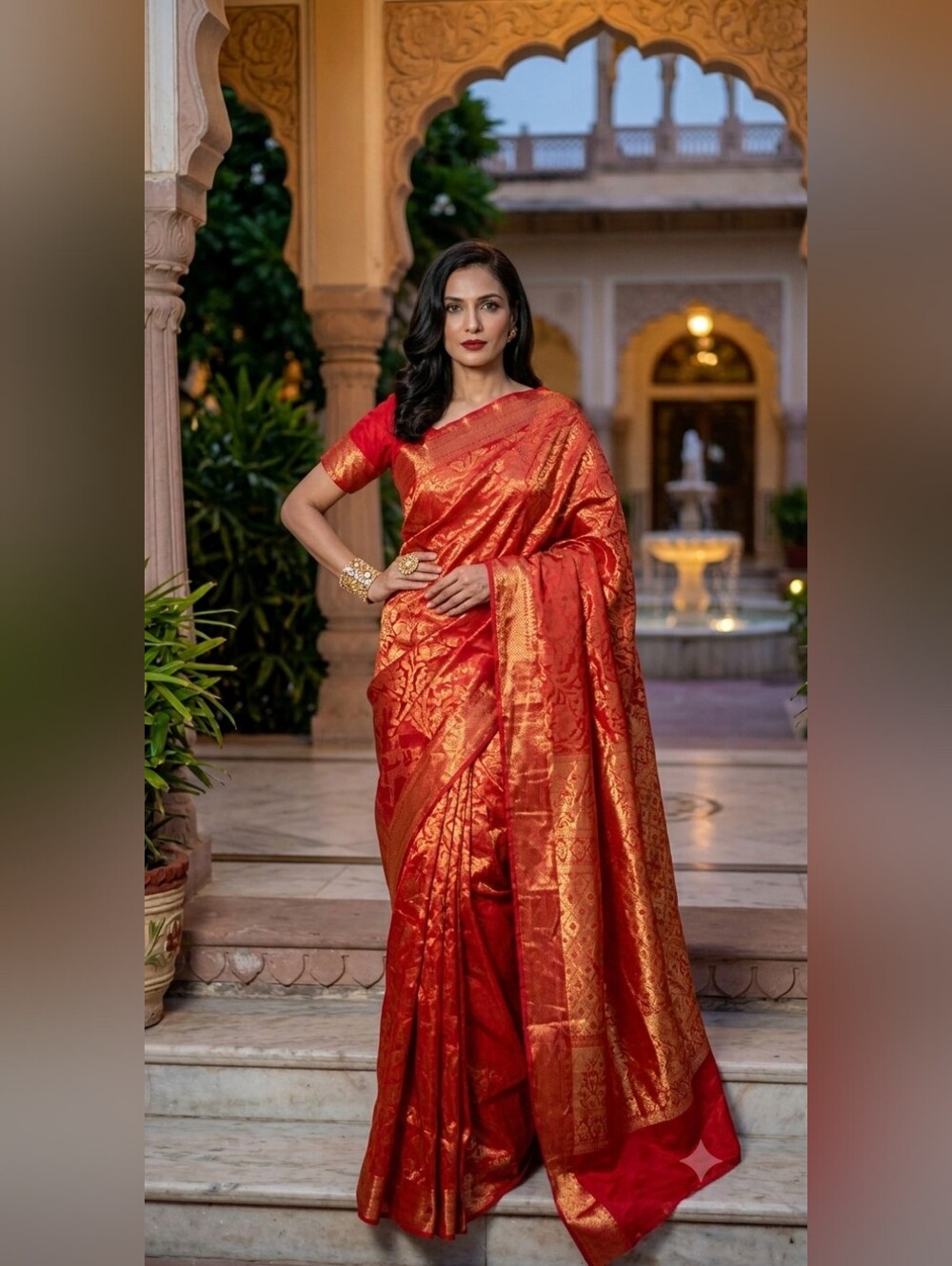 NEXT TO NEW VERMILLION RED ZARI SELF EMBOSSED PATTERN PURE SILK KANJIVA…